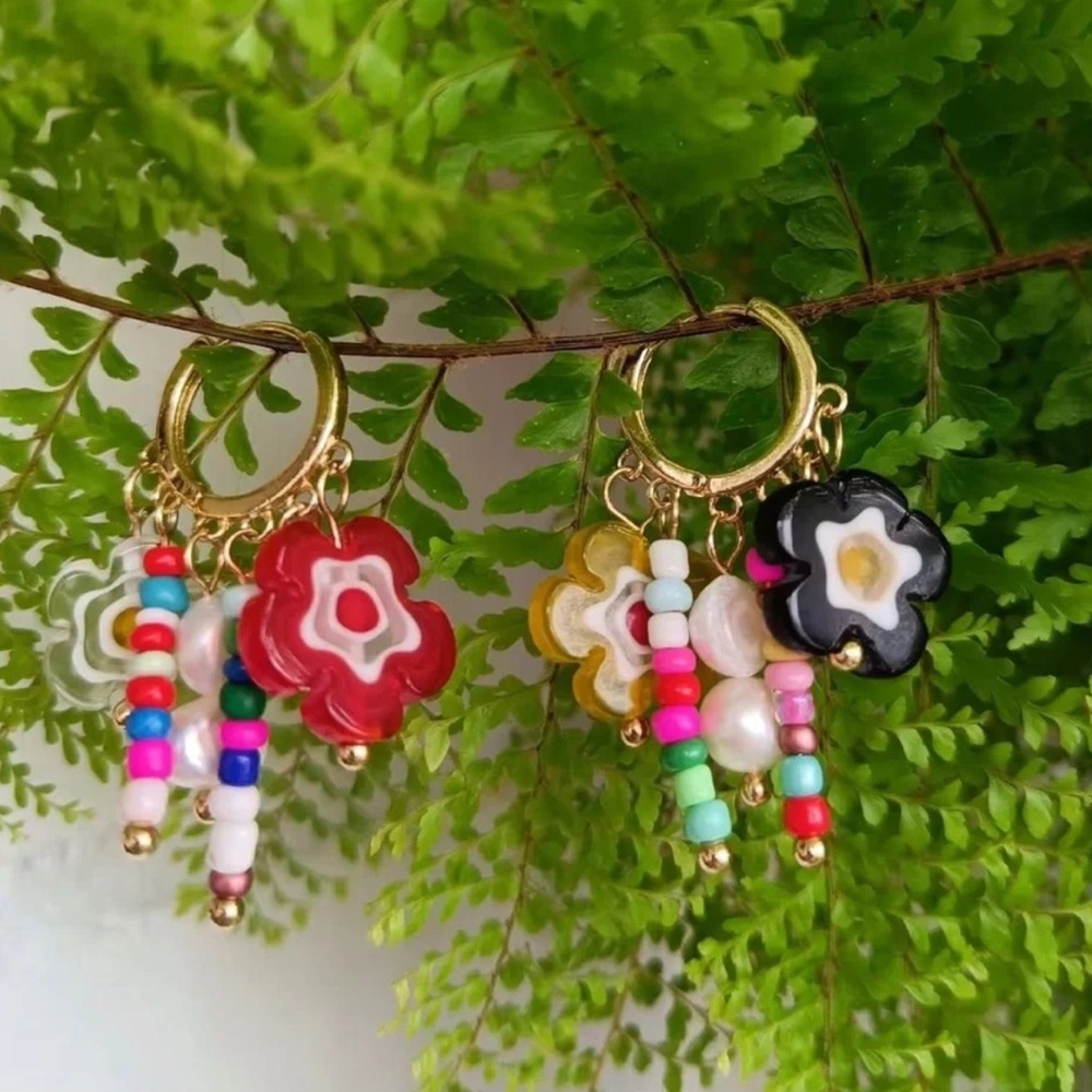 Anthropologie Gold Hoop Multicolor Beaded Flower Drop Earrings - Picture 2 of 3